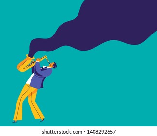 Saxophone player illustration with abstract wave of music flying out of his instrument.