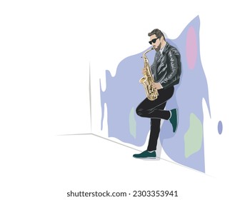 Saxophone player illustration. a man playing adolphe sax