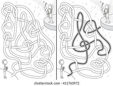 Saxophone player maze for kids with a solution in black and white