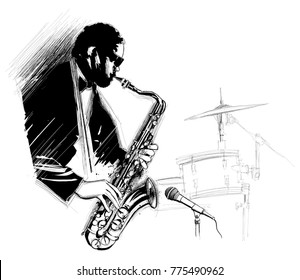 saxophone player with microphone and drum - vector illustration