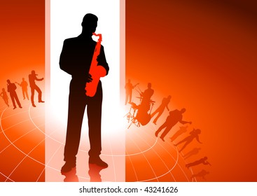 Saxophone player with musical group background Original Vector Illustration  Musical Band Ideal for Live Music Concept
