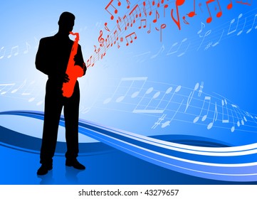 Saxophone player on blue abstract background Original Vector Illustration  Music Player Ideal for Live Music Concept