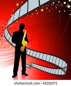 Saxophone player on film reel background Original Vector Illustration  Music Player Ideal for Live Music Concept