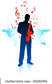 Saxophone player on World Map background Original Vector Illustration  Music Player Ideal for Live Music Concept