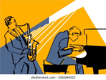 Saxophone player and pianist. Musical group illustration. Black contour on blue and yellow background. Performance on stage. Vector drawing.