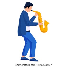 Der Saxophonspieler mit Saxophonstern auf weißem Hintergrund spielt Melodie. Saxophonist spielt auf dem blühenden Musikinstrument Jazzman Orchester mit Sax. Professioneller Künstler-Musiker auf Konzert