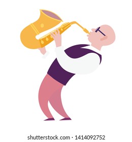 Saxophone player vector colorful illustration. Saxophone player characters cartoon flat style. Isolated on white background
