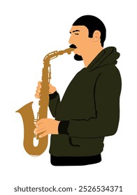 Ilustración vectorial del jugador del saxofón aislada. El hombre de la música toca el instrumento de viento. Artista musical. Hombre Jazz. Artista callejero Bugler. El músico toca la trompeta. Entretenimiento para el público. Evento de música clásica.