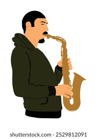 Ilustración vectorial del jugador del saxofón aislada. El hombre de la música toca el instrumento de viento. Artista musical. Hombre Jazz. Artista callejero Bugler. El músico toca la trompeta. Entretenimiento para el público. Evento de música clásica.