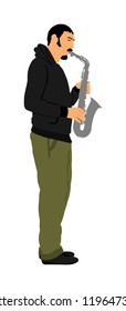 Saxophone player vector illustration. Music man play wind instrument. Music artist. Jazz man. Bugler street performer. Musician play trumpet. Entertainment for public. Classic music event.