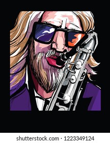 reproductor saxofónico - ilustración vectorial (retrato totalmente ficticio)