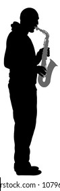 Saxophone player vector silhouette illustration. Music man play wind instrument. Music artist. Jazz man. Bugler street performer. Musician play trumpet. Entertainment for public. Classic music event.