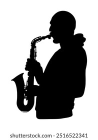 Ilustración de silueta de Vector de saxofonista. El hombre de la música toca el instrumento de viento. Artista musical. Hombre Jazz. Artista callejero Bugler. El músico toca la trompeta. Entretenimiento para el público. Evento de música clásica.