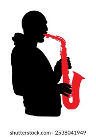 Saxophone player vector silhouette illustration. Music man play wind instrument. Music artist. Jazz man. Bugler street performer. Musician play trumpet. Entertainment for public. Classic music event.