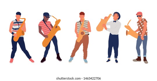 Saxophone players set. Isolated flat illustration - Vector