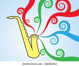 Saxophone playing with colorful music flowing