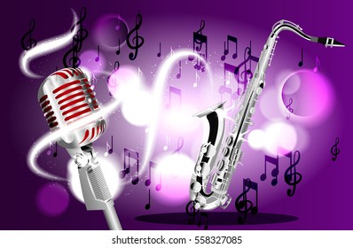 Saxophone and retro microphone on the background of musical notes poster illustration