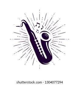Saxophone, sax logo or label. Live music, jazz, blues symbol. Vector illustration