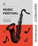 Saxophone, sax. Music festival poster. Wind musical instruments. Competition. A set of vector illustrations. Minimalistic design. Banner, flyer, cover, print.