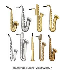 saxophone set cartoon. tenor soprano, reed brass, woodwind keys saxophone sign. isolated symbol vector illustration