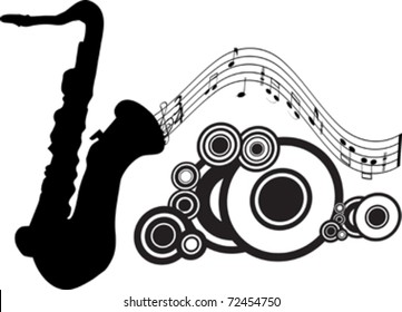 saxophone silhouette ,circle decoration and note