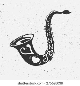 saxophone silhouette with hand-drawn lettering phrase: "i love jazz", black and white design