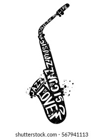 Saxophone silhouette on white background with hand write text inside. Love music