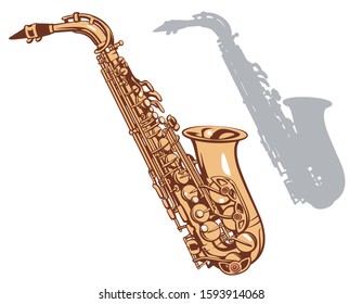 Saxophone and it's silhouette. Vector illustration.