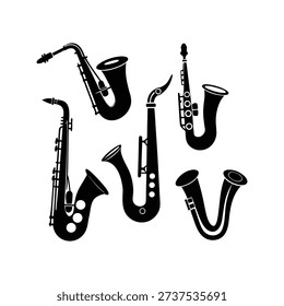 Saxophone Silhouettes Collection Black Vector Sax Instruments Set