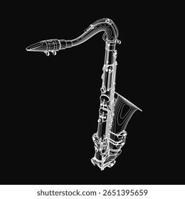 Saxophone sketched in black and white stands out against a dark background, showcasing elegant curves and intricate details. The minimalist composition highlights the instrument's timeless appeal.