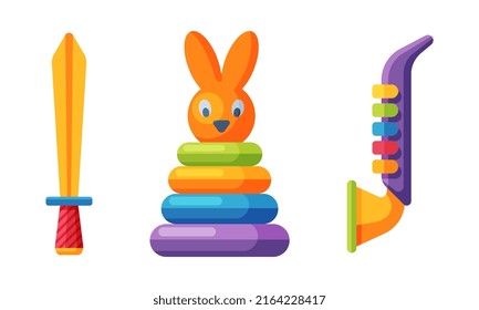 Saxophone, sword and colorful pyramid. Baby toys set. cartoon vector illustration