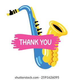 Saxophone with thank you typography sticker in flat style