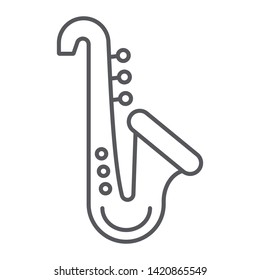 Saxophone thin line icon, music and instrument, trumpet sign, vector graphics, a linear pattern on a white background, eps 10.