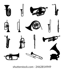 Saxophone and trumpet musical instrument silhouette collection.
