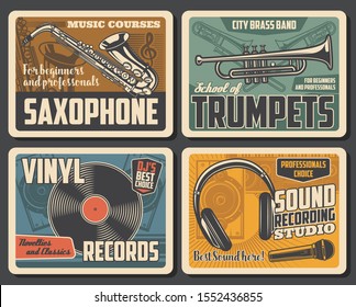 Saxophone and trumpets, vinyl records and sound recording studio. Vector retro microphone and headphones, loudspeakers and brass band. Classical music courses or school, musical instruments and notes