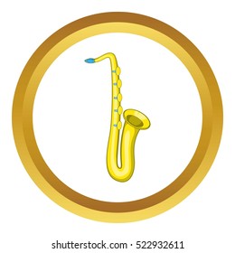 Saxophone vector icon in golden circle, cartoon style isolated on white background