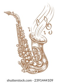 Saxophone vector illustration. Hand drawn drawing of a wind musical instrument and musical notes