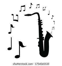 saxophone vector silhouette with musical notes.