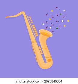Saxophone vector. Wind musical tool. The concept of music performance in the form of notes with flowers. Concert performance of jazz or participation in an orchestra. Saxophone music for
posters.
