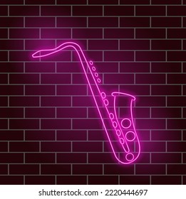 Saxophone wind musical instrument beautiful pink neon glow night signboard vector illustration.