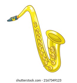 Saxophone is a wind musical instrument. In cartoon style. Isolated on white background. Vector illustration.