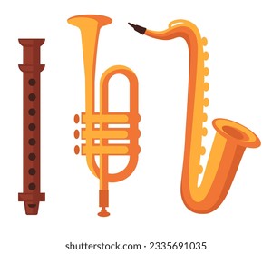 Saxophone wind musical instrument for concert or orchestra. Isolated objects for composing and playing music and songs. Classic and jazz genre for entertainment and fun. Vector in flat style