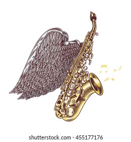 Saxophone with wings. Jazz music. Vector illustration