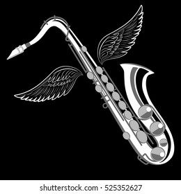 Saxophone with wings. Vintage label, illustration, logotype. Vector illustration