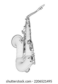 Saxophone wireframe from black lines isolated on white background. Perspective view. 3D. Vector illustration.