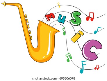 Saxophone and word music on white background illustration