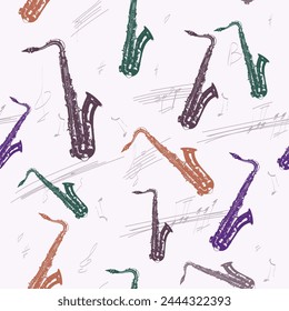 Saxophones and musical notes. Seamless pattern. Abstract vector background with a musical theme for textiles, interiors, cotton fabric, wrapping paper