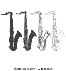 Saxophones. Vector illustration on white background. Monochrome sketch,four variants. Isolated design elements.