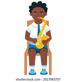 Saxophonist. African American boy playing the saxophone. Vector. Cartoon style. Learning to play a musical instrument. School and education concept.