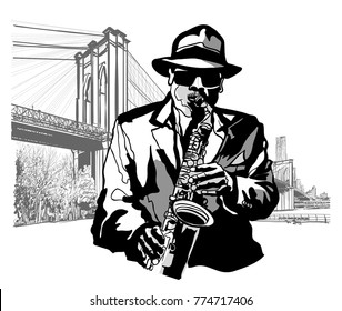 Saxofonista en el puente de Brooklyn - ilustración vectorial